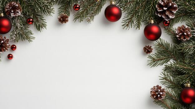 Pine branch with red bauble and frosted pinecone holiday arrangement framing blank space photo