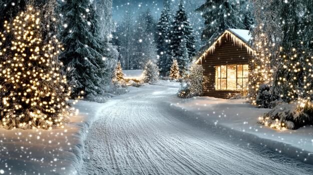 Cozy snowy cabin path with glowing trees and falling snow photo