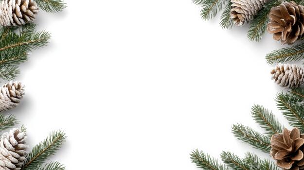 Snowy pine wreath winter frame with frosted pinecone and evergreen branches evoking cozy holiday photo