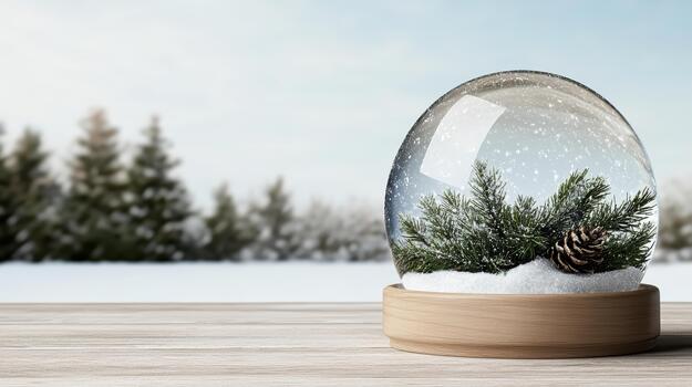 Winter pine cone snow globe on wooden base with falling snow photo