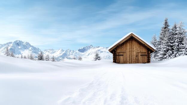 Snowy cabin in mountain meadow with pine trees and clear sky, tranquil winter scene photo