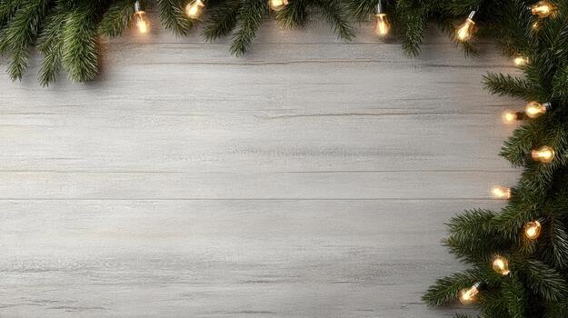 Evergreen garland with warm string lights over rustic wooden background, cozy holiday mood photo