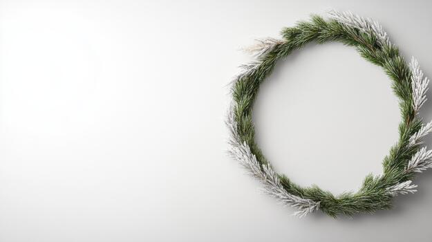 Evergreen wreath with frosted pine branches and minimalist winter mood photo