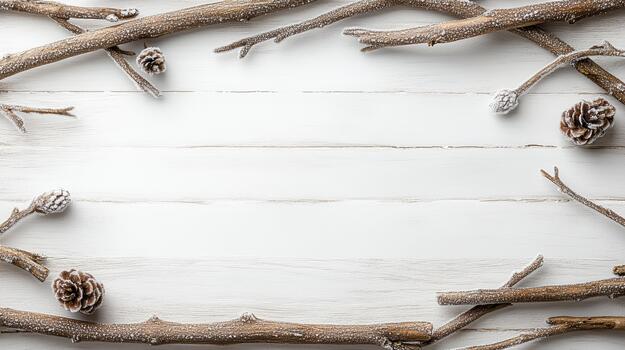 escarchado pino cono y ramita marco en blanco de madera fondo, acogedor invierno escena foto