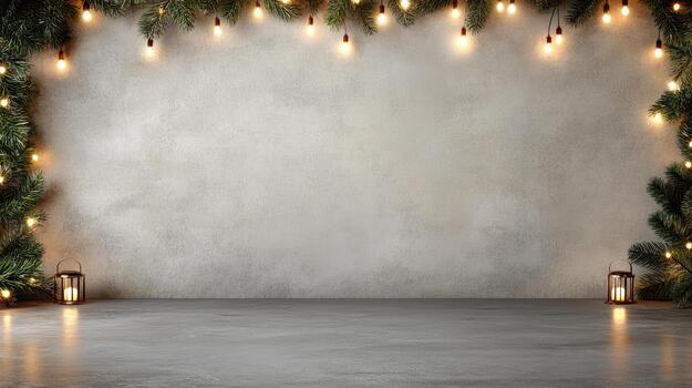 Cozy festive background with garland and warm string lights evoking holiday warmth photo