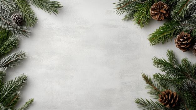 Frosted evergreen wreath border with pine cones and serene winter mood photo