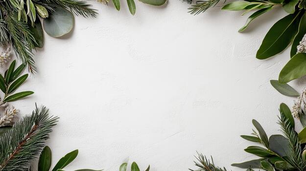 Green leaf wreath pine border with empty white textured center for invitation photo