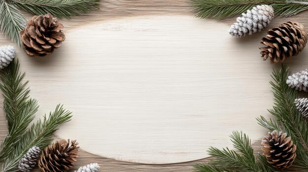piña y escarchado hojas perennes guirnalda marco en rústico blanco madera fondo, acogedor fiesta estado animico foto