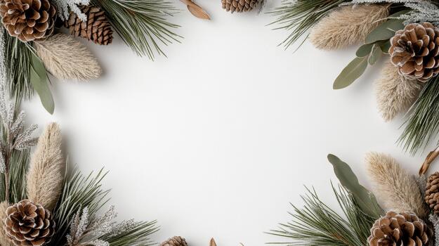 Nevado piña guirnalda con escarchado hojas y pampa césped, acogedor rústico fiesta marco foto