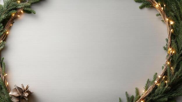 hojas perennes guirnalda con calentar cuerda ligero y piña, acogedor fiesta estado animico foto