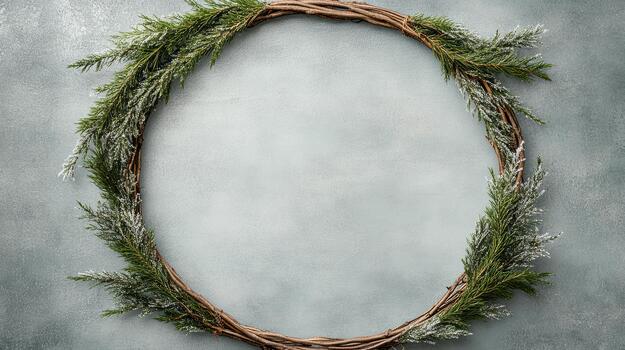 Winter foliage wreath on textured gray background with subtle frosted greenery photo