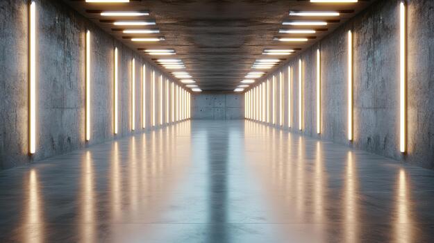 Glowing concrete corridor with symmetrical vertical lights and reflective floor, futuristic photo