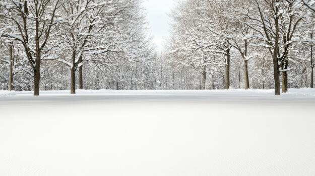 Snowy landscape winter park with row of bare trees covered in fresh snow, serene photo