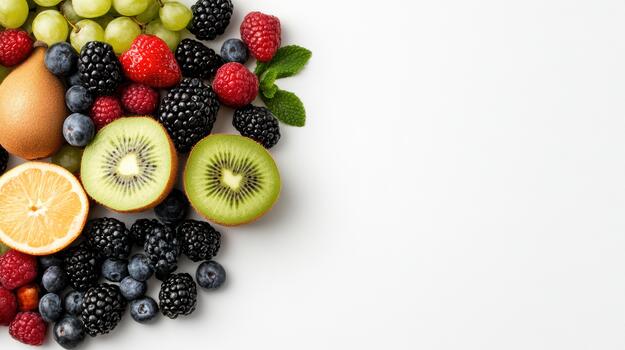 Fresh sliced kiwi and mixed berries with citrus on white background, bright and fresh photo