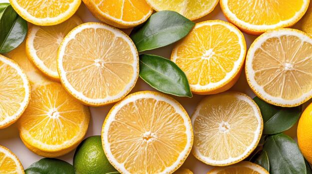 Fresh citrus slices with green leaves arranged in bright pattern, vivid color photo