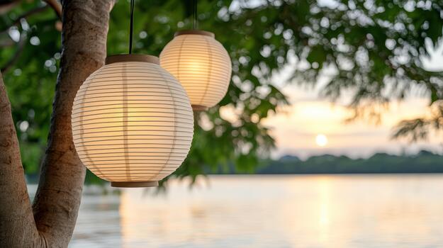 Paper lanterns glowing by lakeside at sunset creating peaceful warm atmosphere photo