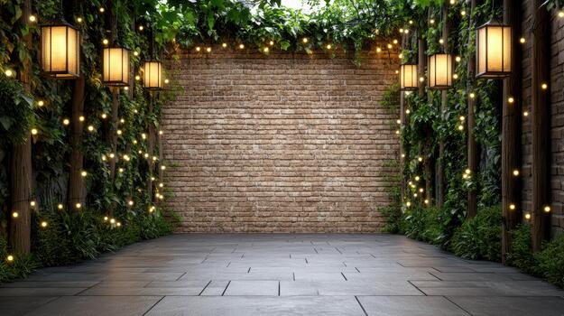 acogedor ladrillo patio con colgando linternas y cuerda luces, hiedra y pavimentado piso foto