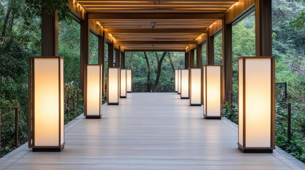 Lantern walkway lantern lit walkway silhouettes blank center zone serene illuminated path photo