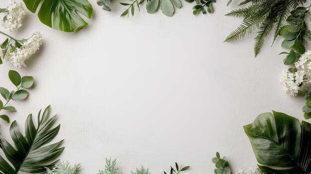 Green leaves and flowers arranged in a square frame photo