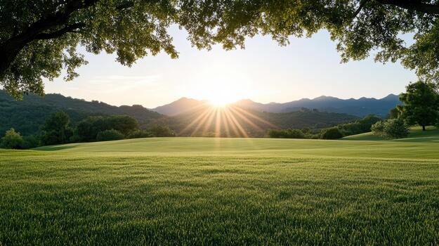 amanecer terminado laminación verde campo con rayos de sol y enmarcado roble ramas foto