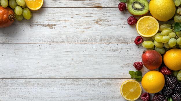 Fresh citrus and mixed fruit arrangement on rustic white wood, bright and inviting photo