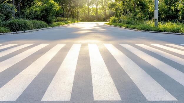 Sunlit zebra crossing leading to tree lined road morning glow and long shadows photo