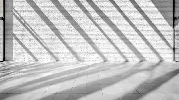 blanco ladrillo pared y diagonal luz de sol sombra modelo creando dramático contraste foto