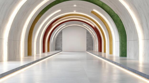 Minimalist marble tunnel gallery with colored arched insets and soft LED lighting evoking calm photo