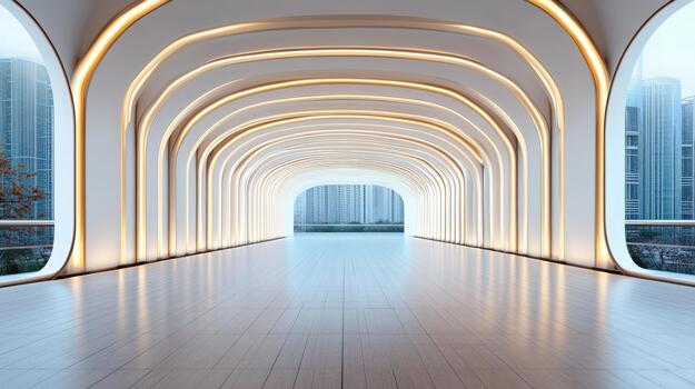A long white tunnel with lights in it photo