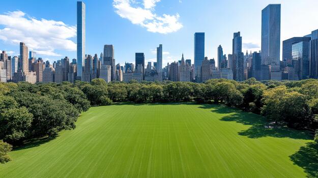 A green field with tall buildings in the background photo
