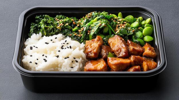 A black container with rice, broccoli and meat photo