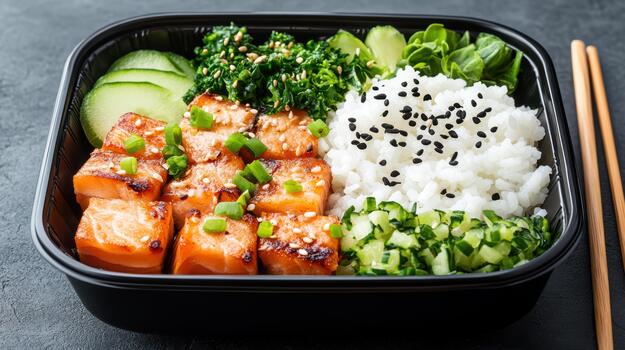 A black container with rice, salmon, and vegetables photo