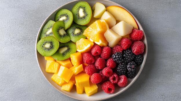 Fresh fruit platter with kiwi, mango, berries, orange and pear, bright and appetizing photo