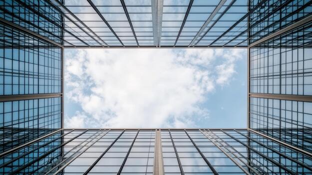 Modern glass skyscraper courtyard sky reflection minimal blue architecture photo