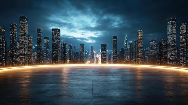 Glowing city skyline night futuristic rooftop with illuminated horizon and moody clouds photo
