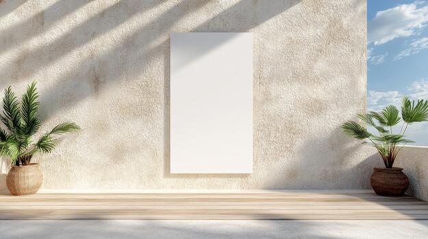 Blank vertical canvas textured wall with sunlit shadows and potted palms creating serene rooftop photo