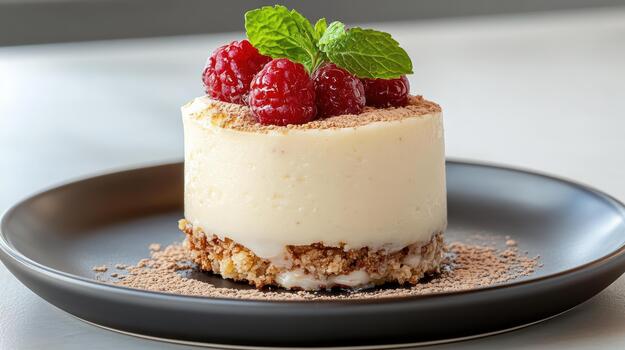 Mini cheesecake with raspberry and mint garnish on plate, creamy dessert delight photo