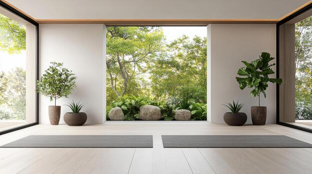 mínimo sereno yoga estudio con abierto ventana y tranquilo jardín ver foto
