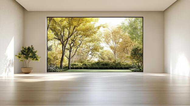 Minimal serene window lit room with large garden view and soft natural light photo