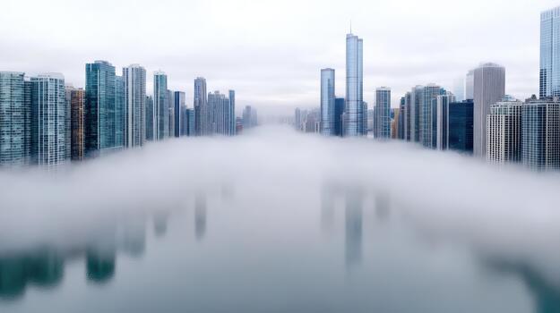 Foggy skyline river reflection with highrise buildings and muted light photo