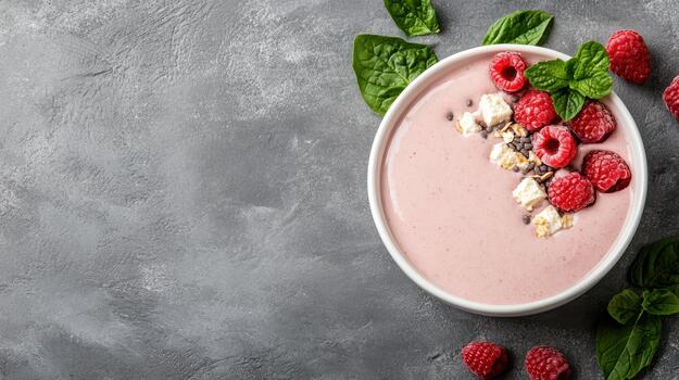 Raspberry smoothie bowl pink yogurt granola raspberry mint spinach photo