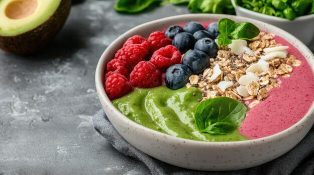 Fresh raspberry blueberry smoothie bowl with green avocado spinach swirl, granola crunch photo