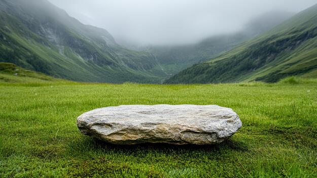 Flat stone bench on misty green valley with rolling hills and cloudy sky photo