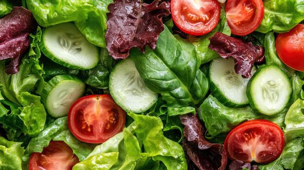 A close up of a salad with tomatoes, cucumbers and lettuce photo