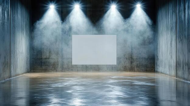 An empty room with lights and a square white square photo