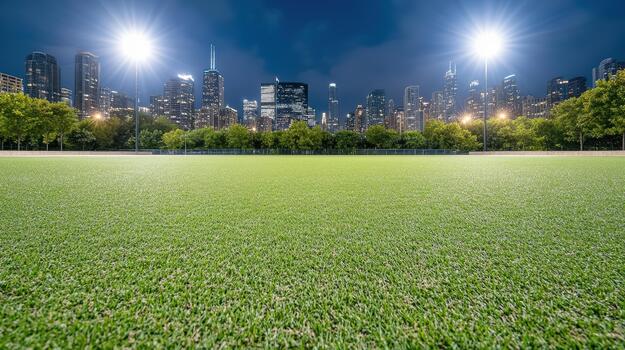 Nighttime illuminated sports field with empty green turf and distant city skyline photo