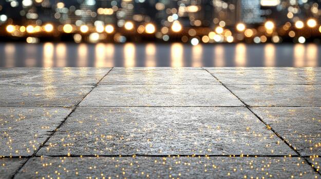Sparkling wet pavement with city lights reflecting, atmospheric night scene photo