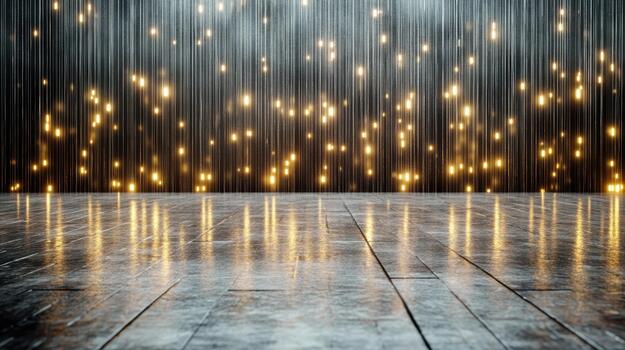 Sparkling stage curtain with warm bokeh lights reflecting on wet wooden floor photo