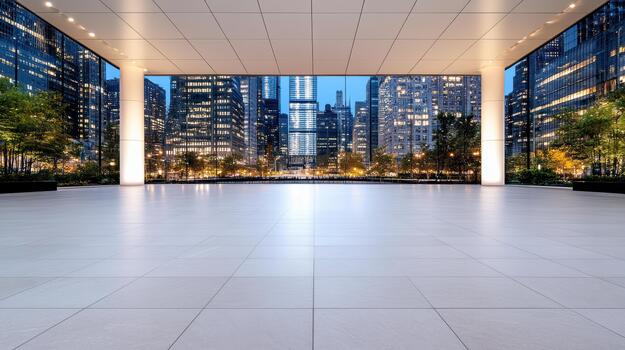 moderno ciudad plaza a oscuridad con iluminado horizonte y abierto embaldosado primer plano foto