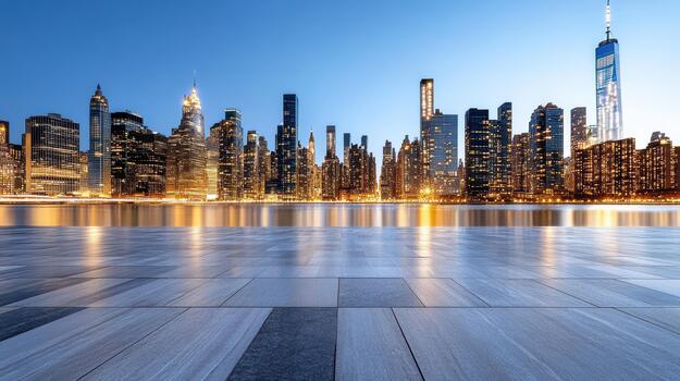Blue hour skyline glowing softly with reflective waterfront and empty promenade photo